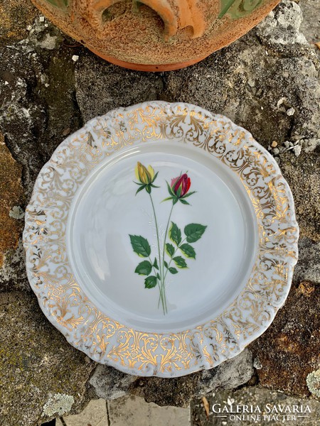 Old Bavarian rose pattern gold painted porcelain plate, rose decorative bowl, painted tray, table centerpiece