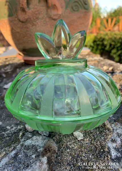Art deco green glass bonbonier serving bowl centerpiece, box, jewelry holder, table decoration, green glass