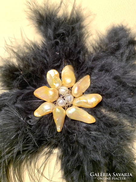Retro ostrich feather large brooch with badge cultured pearls 15 cm