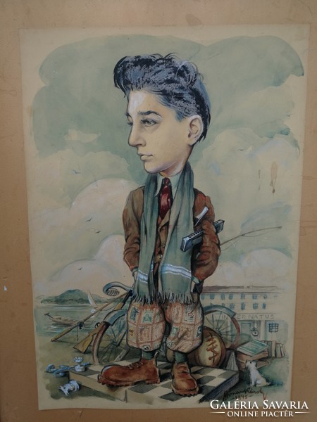 Color painting by Károly Homan is rare. Boarding school. Balaton background, a caricature perhaps?!
