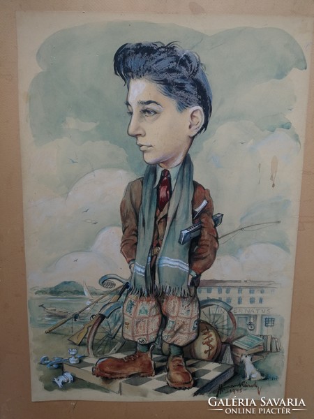 Color painting by Károly Homan is rare. Boarding school. Balaton background, a caricature perhaps?!