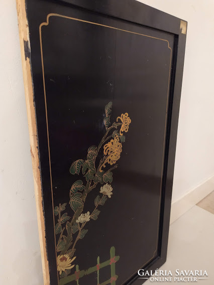 Antik kínai gyöngyház dombor berakásos gésa fekete lakk bútor ajtó kép Kína Japán életkép 3581