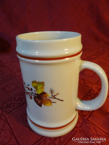 Hollóházi porcelán mini korsó, barna csíkkal, őszi levelekkel. Magassága 9,5 cm. Vanneki!