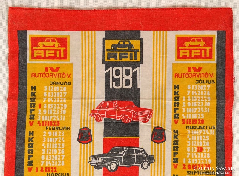 1C493 Színes textil AFIT autójavító vállalat naptár 1981