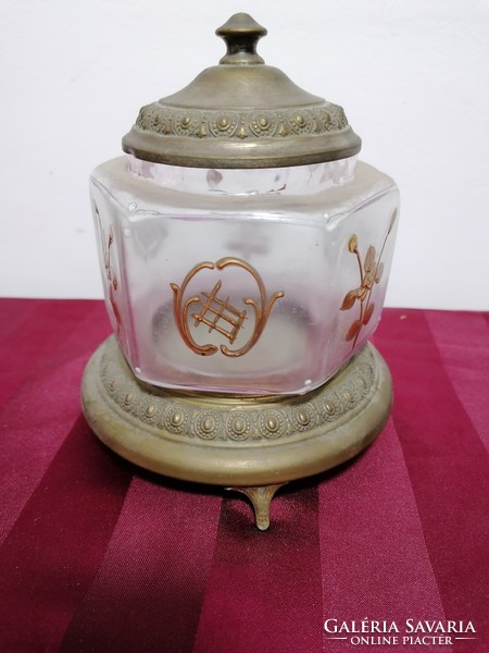 Antique bonbonier painted glass, copper base and top
