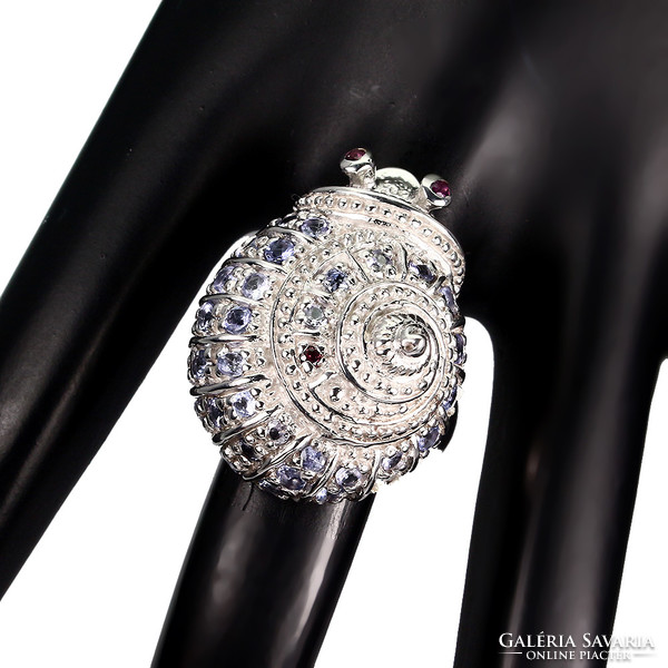 Tanzanit es Granat 925 ezüst csiga alakú gyűrű méret 56