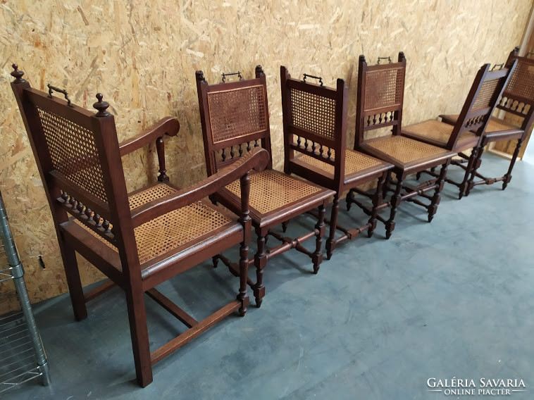 Antique old German carved 5 wicker chairs and 1 armchair armchair with some damaged wicker