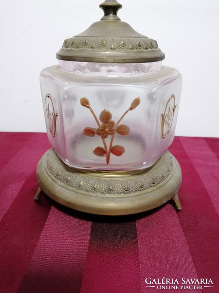 Antik bonbonier festett üveg, talp és tető réz