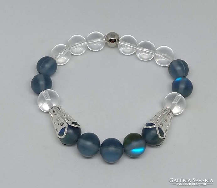 Synthetic Blue Moonstone and Clear Pearl Bracelet 10mm Beads