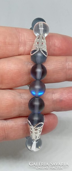 Szintetikus kék holdkő és áttetsző gyöngy karkötő, 10 mm-s gyöngyökből