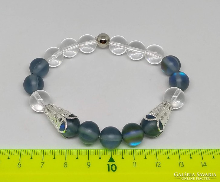 Synthetic Blue Moonstone and Clear Pearl Bracelet 10mm Beads
