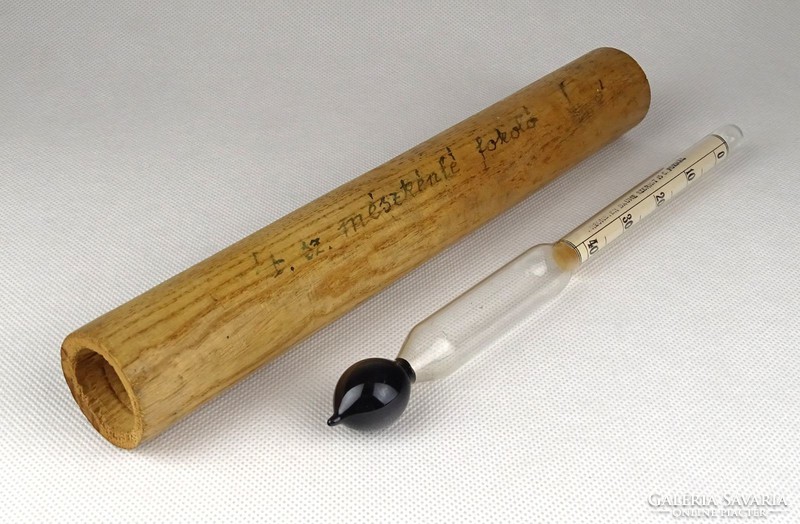 1C469 Antik borászati eszköz Baume fújt üveg mészkénlé fokoló fa tokjában
