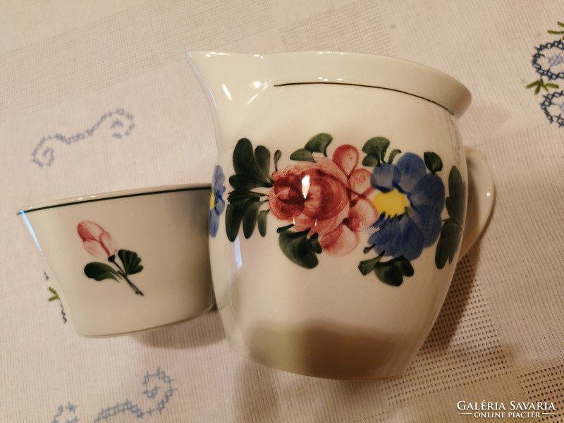 Hand-painted Wilhelmsburger rose porcelain 12 cm high belly mug, jar and small bowl together