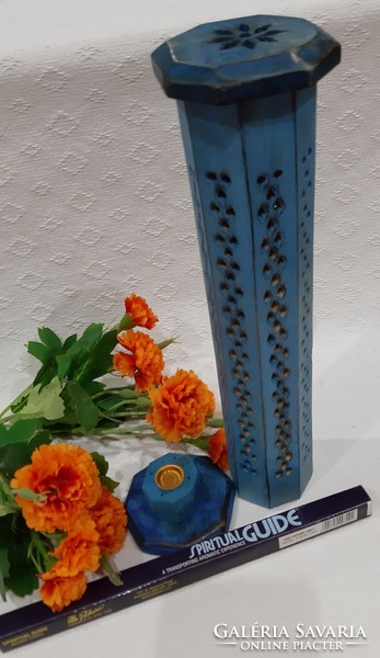 Standing rustic painted blue Indian wood incense holder with openwork pattern and gift incense holder