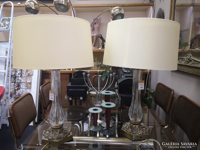 Pair of large regency-style polished crystal table lamps, bronze base 70cm - 02306
