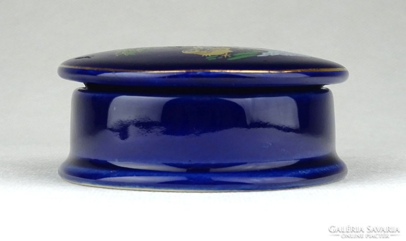1C573 Régi aranyozott fácán díszes kobaltkék porcelán bonbonier 7 cm