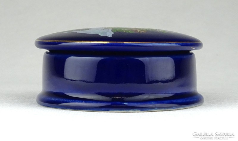 1C573 Régi aranyozott fácán díszes kobaltkék porcelán bonbonier 7 cm