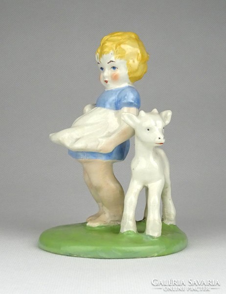 1C618 Régi kerámia kislány kiskecskével figura 11.5 cm