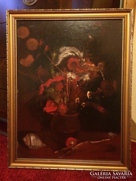 Painting György Madarassy: flowers, 44x60+frame, oil on wood,