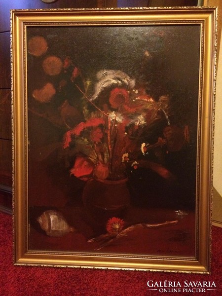 Painting György Madarassy: flowers, 44x60+frame, oil on wood,