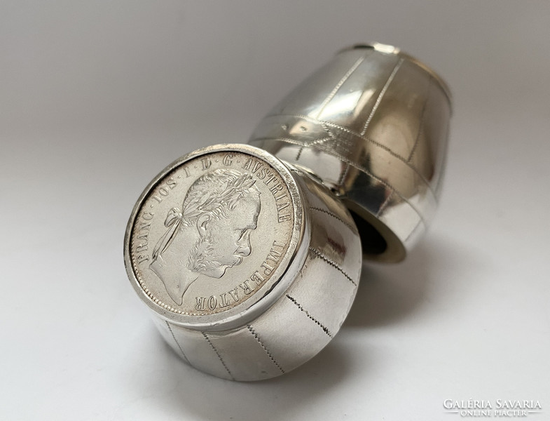 Extraordinary, barrel-shaped, coin-operated silver inkwell!