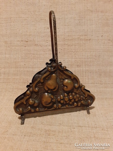 Antique copper baroque fruit pattern napkin holder with chiseled tongs in beautiful condition