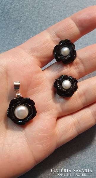 Cute black floral silver set with pearls -- new