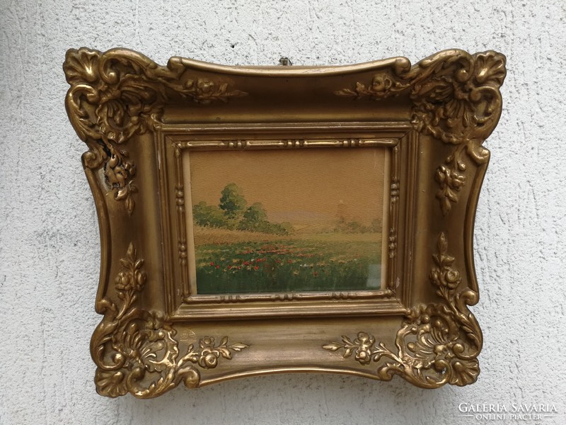 Szentgály Ferenc víz festmény, aqvarell tájkép pipacs, élethű, aprólékos mutatós blondel keretben.