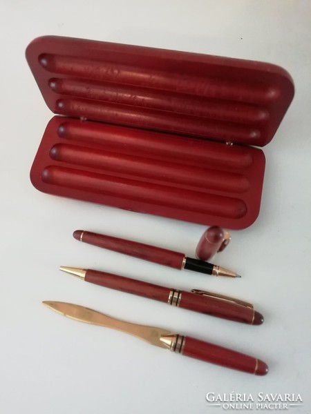 Rózsafa írókészlet fa tolltartóval 4db -os