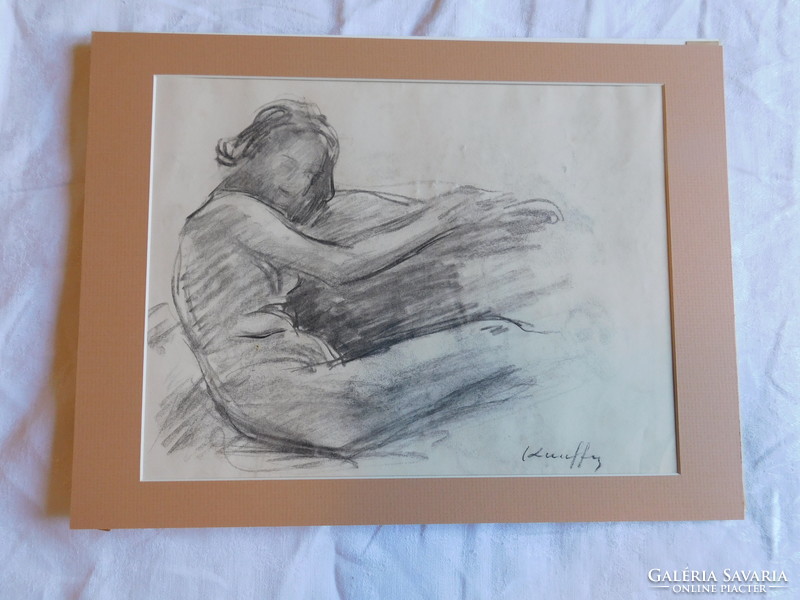 Lajos Kunffy: unique graphics, charcoal drawing, two-page work. Kunffy child and female nude