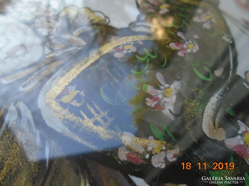 Vietnamese painting on silk in blonde frame, young lady dancing with calligraphic sign and fan