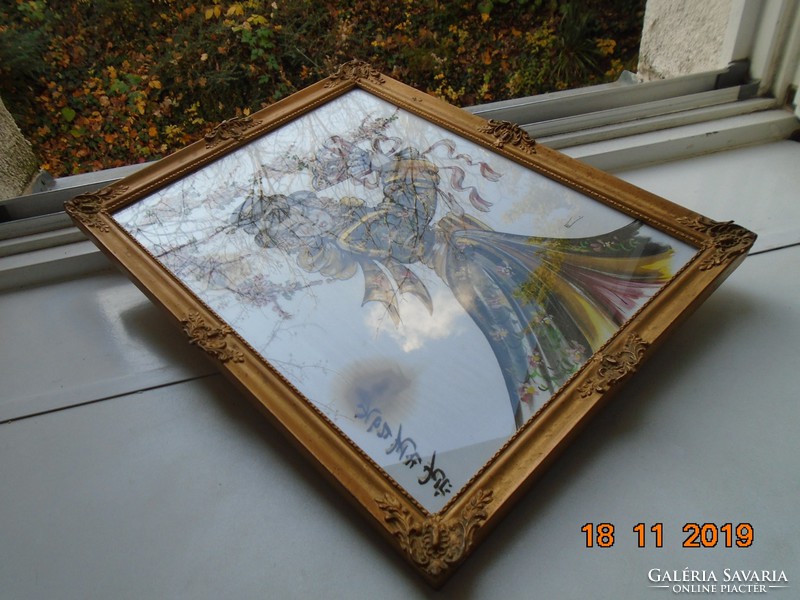 Vietnamese painting on silk in blonde frame, young lady dancing with calligraphic sign and fan