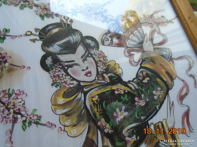 Vietnamese painting on silk in blonde frame, young lady dancing with calligraphic sign and fan