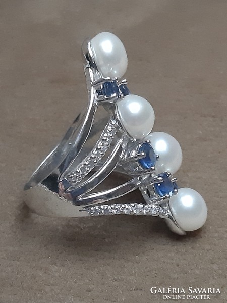 Zafír gyöngy cirkónia gyűrű csodaszép sosem használt eredeti dobozában
