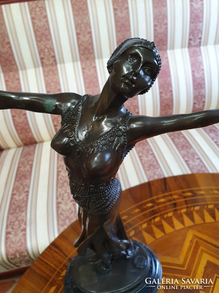 Art-deco dancer with bronze statue on marble pedestal