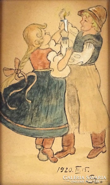 1C735 XX. századi magyar festő : Gyertyaoltás civakodó gyerekek 1920