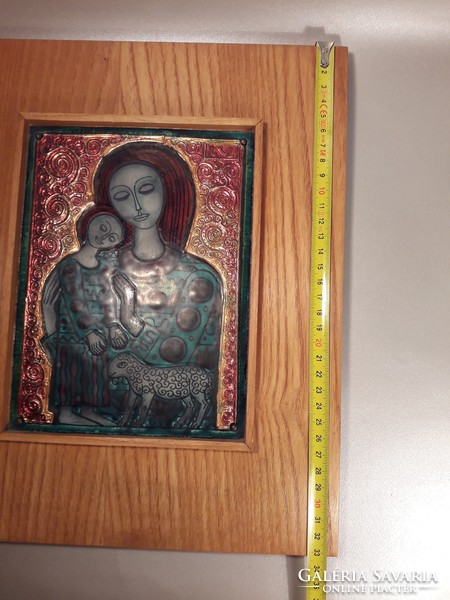 Lőrincz Vitus - Mária a kis Jézussal és báránnyal - tűzzománc falikép fali dísz jelzett