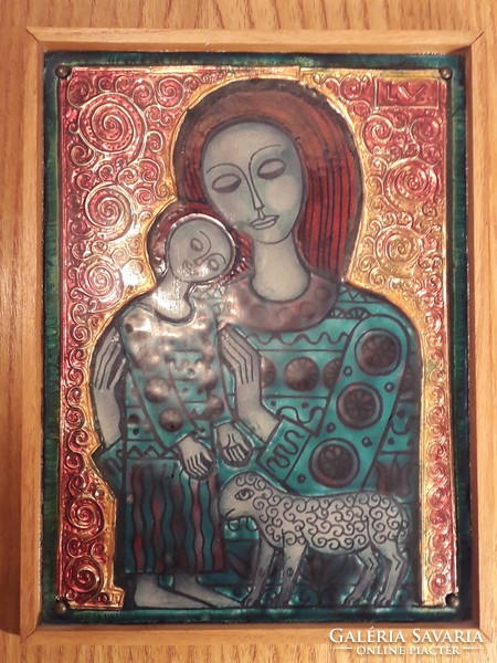 Vitus Lőrincz - Mary with baby Jesus and lamb - fire enamel mural wall decoration marked