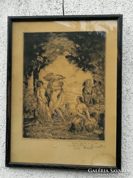 Béla Iványi Grünwald etching, in black frame.