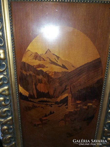 Marquetry picture, beautiful frame, excellent decoration for gifts, picture frame gilded. Alpine landscape?