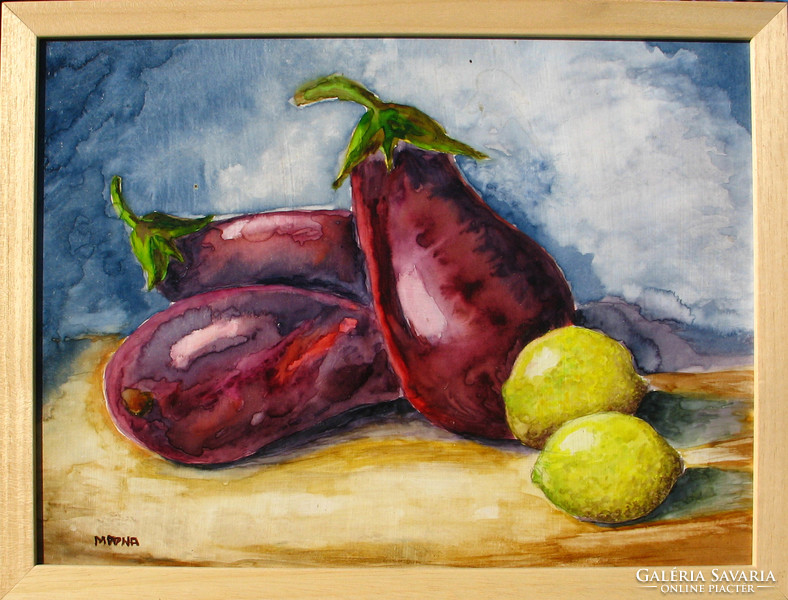 Moona - Padlizsánok és citromok EREDETI akvarell festmény