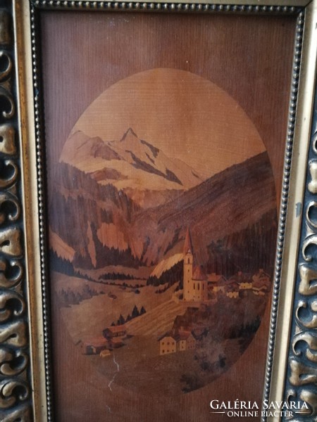 Intarzia kép, gyönyörű keretben, ajándéknak is kiváló dekoráció is, képkeret aranyozott. Alpesi táj?