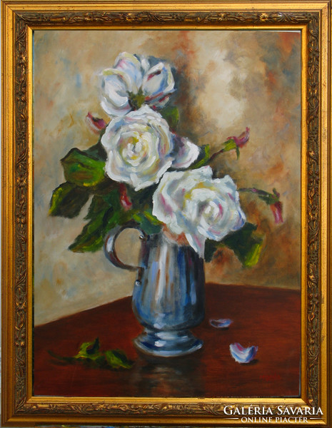 Moona - Fehér rózsák serlegben EREDETI olajfestmény