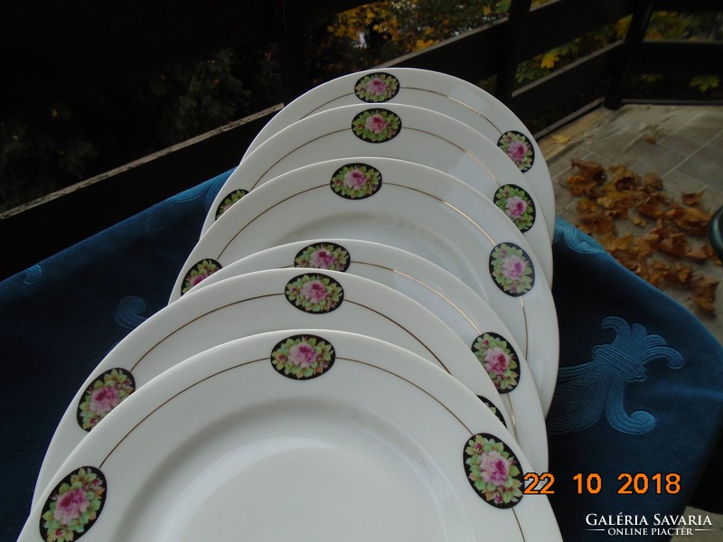 Bécsi rózsás medalionos Elbogen 6 db lapos tányér 24,5 cm