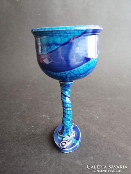Absztrakt kerámia kehely talpas pohár azúr kék tenger hangulatú kupa - EP