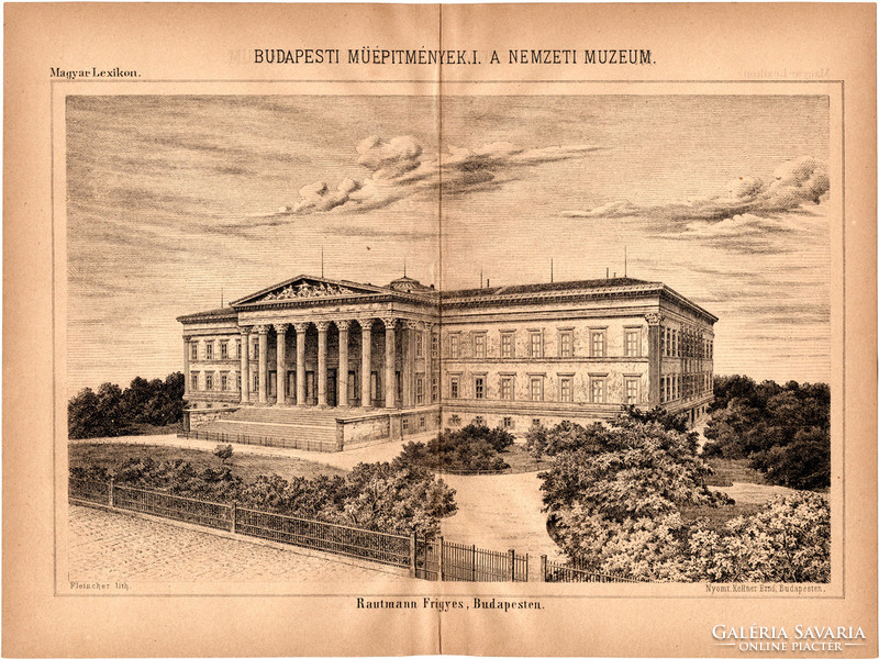 Nemzeti Múzeum, egyszín nyomat 1885, Magyar Lexikon, Rautmann Frigyes, Budapest, épület, Pest, Pesth