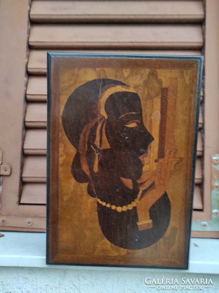 Art Deco stílusú fadoboz kulccsal zárható  intarzia berakàs női fej;egyedi darab.szivar doboz,