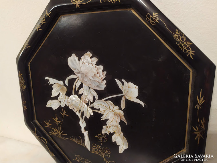 Antik kínai gyöngyház berakásos virág motívumos fekete nyolcszögletű lakk kép Kína 3636