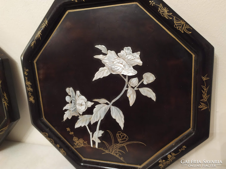 Antique Chinese mother of pearl inlaid flower motif with black octagonal lacquer image china 3637