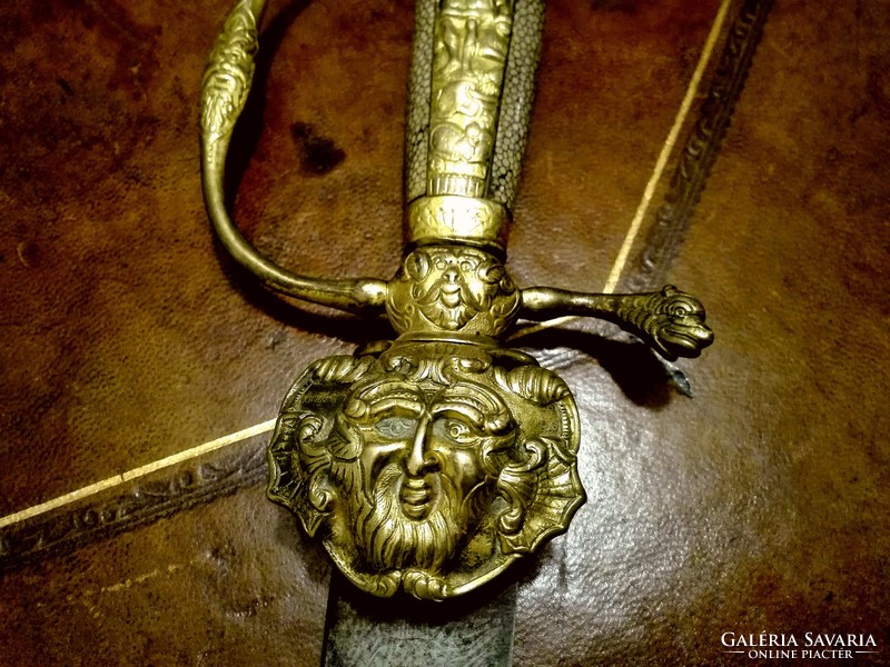 Around 1740, princely design, damask hirschfänger, fire-gilt bronze, skate leather handle for sale